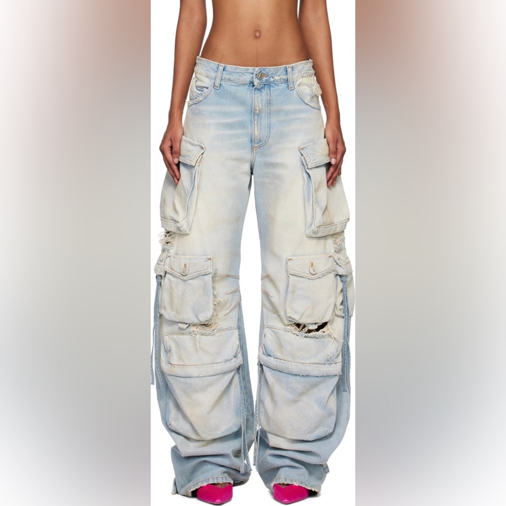 The Attico Fern Denim Distressed Cargo Jeans Pants